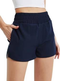 Soudittur Badeshorts Damen Badehose Hohe Taille Schnell Trocknende Boardshorts Wassersport 2 in 1 Laufhose Kurz Sporthose mit Reißverschlusstasche (XXL, Blau) von Soudittur