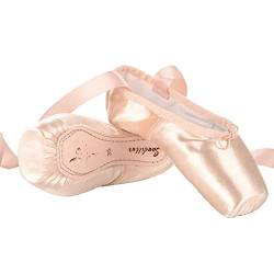 Soudittur Ballett Spitzenschuhe Satin Tanzschuhe Rosa Ballerinas mit Aufgenähten Bändern und Spitzenschoner für Damen Mädchen EU 36 von Soudittur