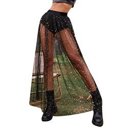 Glitzer Rock Damen Sexy 2 In 1 Transparent Mesh Rock Shorts High Waist Rave Outfit Pailletten Sterne Festival Streetwear Clubwear von Soupliebe