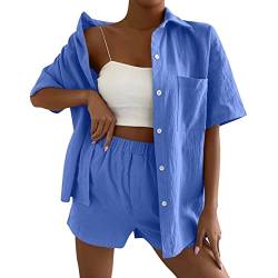 Soupliebe Zweiteiler Damen Sommer Outfits, Musselin Set Damen Musselin Blusen Und Hose, 2 Teiler Damen Anzug, Zweiteiler Für Damen Oversize Tracksuit Set, Musselin Blusen Shirt Und High Waist Shorts von Soupliebe