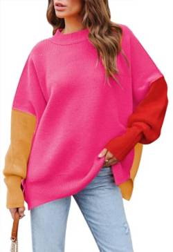 Sovoyontee Damen Geripptes Pullover Sweater Fledermausärmel Rundhalsausschnitt Lässig Locker Rosenrot L von Sovoyontee