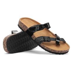 Zehentrenner Pantoletten Damen, Bequem Clogs Rutschfeste Sandalen, Flip Flops Kork-Fussbett Leder Sommer Schlappen, Hausschuhe mit Natur Kork Sommerschuhe Mules Slides, Schwarz, EU 39 von Sowdus