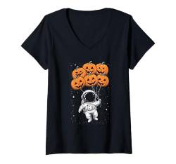 Damen Halloween Astronaut Luftballons Jack O Laterne Kürbis T-Shirt mit V-Ausschnitt von Space Halloween Costume Boys Girls Men Women Tees