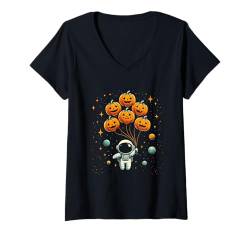 Damen Halloween Astronaut Luftballons Jack O Laterne Kürbis T-Shirt mit V-Ausschnitt von Space Halloween Costume Boys Girls Men Women Tees