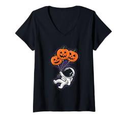 Damen Halloween Astronaut trägt Kürbisballons T-Shirt mit V-Ausschnitt von Space Halloween Costume Boys Girls Men Women Tees