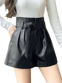 Damen-Ledershorts mit Gürtel, hohe Taille, Damen, elegante kurze Hose, Tasche weiblich (Color : Black, Size : L) von SpeesY