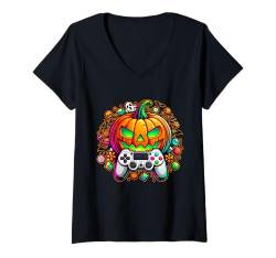 Damen Video Gamer Halloween Jungen Skelett Zombie Gruseliger Kürbis T-Shirt mit V-Ausschnitt von Spooky Halloween Gamers Gifts Halloween Party Wear