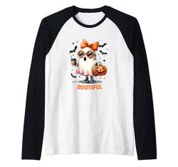 Boo Jee Ghost trinkt Kaffee Kokette Bow Halloween Damen Raglan von Spooky Halloween Ghost Reading Books Women Girl T