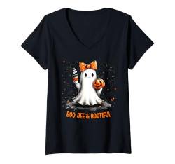 Damen Boo Jee Ghost trinkt Kaffee Kokette Bow Halloween Damen T-Shirt mit V-Ausschnitt von Spooky Halloween Ghost Reading Books Women Girl T