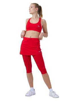 Sportkind Mädchen & Damen 2-in-1 Tennisrock mit Taschen & 3/4 Capri Leggings, Laufrock, Yogahose mit Rock, Sport Skapri, rot, Gr. L von Sportkind