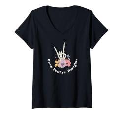 Damen Grow Positive thoughts niedliches Skelett Hand Rock auf Blumen T-Shirt mit V-Ausschnitt von Spread Kindness Apparel Co.