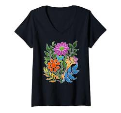 Damen Damen Blumen Botanical Floral Graphic T-Shirt mit V-Ausschnitt von Spring Summer Cottagecore Bohemian Boho Aesthetic