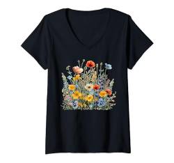 Damen Damen Wildblumenstrauß, botanisches Blumenmuster, Vintage-Grafik T-Shirt mit V-Ausschnitt von Spring Summer Cottagecore Bohemian Boho Aesthetic