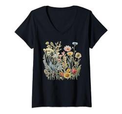 Damen Damen Wildblumenstrauß, botanisches Blumenmuster, Vintage-Grafik T-Shirt mit V-Ausschnitt von Spring Summer Cottagecore Bohemian Boho Aesthetic