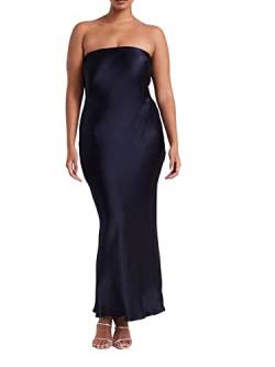 Damen Sexy Schlauch-Satin-Kleid mit Aussparungen, trägerlos, Cami-Stil, lange Passform, Abendkleid, Party, Hochzeit, Bankett, A-Marineblau, Small von Springcmy