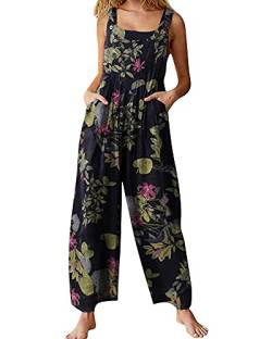 Springcmy Damen Lose Overall Latzhose Blumen Jumpsuit Ärmellos Casual Baggy Playsuit Sommer Weites Bein Lange Hosen Strampler, C-Marineblau, Small von Springcmy