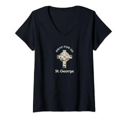 Damen Bete für uns St. George T-Shirt mit V-Ausschnitt von Stained Glass Cross Patron Saint Catholic Gifts