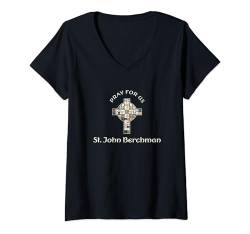 Damen Bete für uns St. John Berchman T-Shirt mit V-Ausschnitt von Stained Glass Cross Patron Saint Catholic Gifts