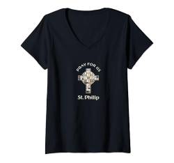 Damen Pray For Us St. Philip T-Shirt mit V-Ausschnitt von Stained Glass Cross Patron Saint Catholic Gifts