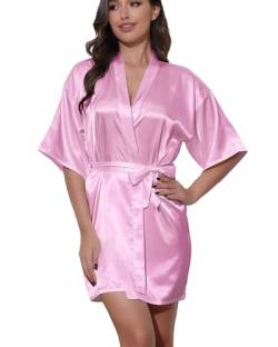 Starblazia Kimono Damen Kurz Satin Morgenmantel Sexy V-Ausschnitt Kimono Damen Sommer Mit Gürtel Bademäntel Leicht für Frauen,M,Helles Rosa von Starblazia