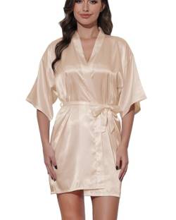 Starblazia Kimono Damen Kurz Satin Morgenmantel Sexy V-Ausschnitt Kimono Damen Sommer Mit Gürtel Bademäntel Leicht für Frauen,S,Champagner von Starblazia