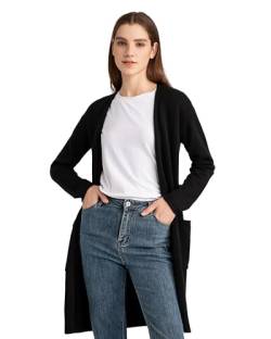 State Cashmere Damen Knielange Strickjacke mit offener Vorderseite 100% Reiner Cashmere Langarm-Strickmantel (L, Schwarz) von State Cashmere