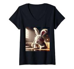 Damen Fantastischer süßer Hase trinkt Kaffee T-Shirt mit V-Ausschnitt von Steampunk Cool Vintage Creations