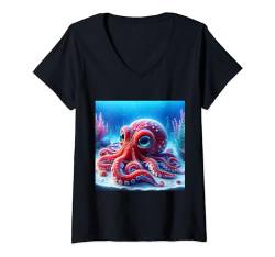 Damen Fantastischer süßer meerroter Oktopus T-Shirt mit V-Ausschnitt von Steampunk Cool Vintage Creations