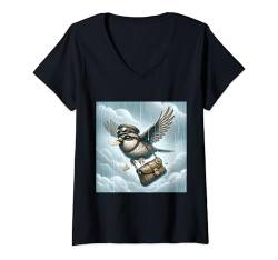 Damen Fantasy Cute Porto Bird Flying T-Shirt mit V-Ausschnitt von Steampunk Cool Vintage Creations
