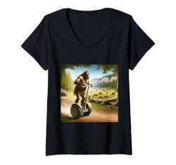 Damen Fantasy-Netter Neandertaler am Steuer T-Shirt mit V-Ausschnitt von Steampunk Cool Vintage Creations
