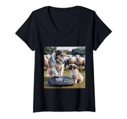 Damen Fantasy-niedlicher Hund, der Welpen unterrichtet T-Shirt mit V-Ausschnitt von Steampunk Cool Vintage Creations