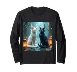 Fantasy Cute Cats Schwarz Weiß Langarmshirt von Steampunk Cool Vintage Creations