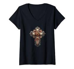 Damen Steampunk Kreuz Jesus Vintage Kunst Männer Frauen Kinder Retro T-Shirt mit V-Ausschnitt von Steampunk Designs