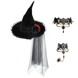 Halloween Hexenhut Damen mit Gotisch Armbänder und Gotisch Choker Halskette, Schwarz Hexenhut mit Blumen Schleier für Erwachsene, Witch Hat für Halloween Kostüm Zubehör, Karneval Cosplay Maskerade von Sternhell