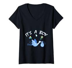 Damen Es ist ein Junge Storch Baby Geschlechtsenthüllungsfeier T-Shirt mit V-Ausschnitt von Storch Baby-Party - Geschenke, T-Shirts und Mehr