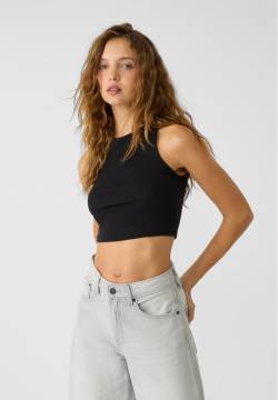 Stradivarius Basic-Cropped-Shirt gerippt  Schwarz L von Stradivarius