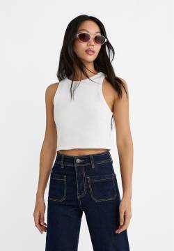 Stradivarius Basic-Cropped-Shirt gerippt  Weiß S von Stradivarius