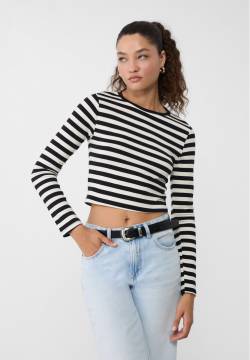 Stradivarius Basic-Cropped-Shirt mit Streifen  Schwarz XS von Stradivarius