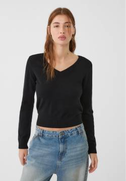 Stradivarius Basic-Strick-Pullover mit V-Ausschnitt  Schwarz L von Stradivarius