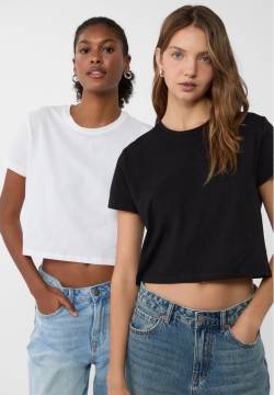 Stradivarius Doppelpack Cropped-Shirts mit kurzen Ärmeln  Schwarz L von Stradivarius