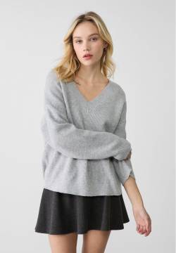 Stradivarius Gefilzter Pullover mit V-Ausschnitt  Grau Melange L von Stradivarius