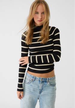 Stradivarius Gerippter Pullover mit halbhohem Rollkragen und Streifen  Schwarz S von Stradivarius