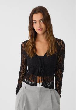 Stradivarius Hemd mit Lace und Schleifen  Schwarz M von Stradivarius