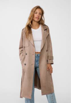 Stradivarius Langer Trenchcoat in Wildlederoptik  Karamell M von Stradivarius