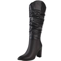 StyliShoes Damen Lässige Kniehohe Stiefel mit Spitzer Zehenpartie Blockabsatz Reißverschluss Stiefel (Schwarz,45) von StyliShoes