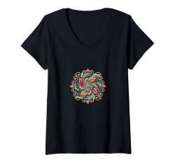 Damen Buntes Ornamentblumen-Design T-Shirt mit V-Ausschnitt von Stylishlux