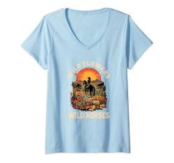 Damen Western Cowgirl reitet wildes Pferd wild flowers wild horses T-Shirt mit V-Ausschnitt von Südstaaten Sonneuntergang wilde Pferde und Blumen