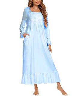 Suelinvy Damen Langarm Knopfleiste Stickerei Viktorianische Nachthemden Rüschen Niedlich Schlafkleid Nachthemd Pyjama Kleid S-XXL, W-light blue, X-Large von Suelinvy