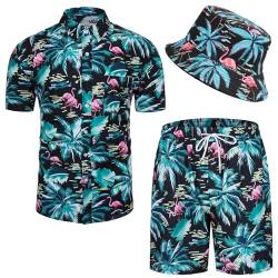 Suffolly Herren Hawaiihemd Set Hawaii Outfit Herren Casual Floral Hemd Herren und Strandshorts Sommer Floral Blumenmuster Hawaiihemd Button Down Shirt Men mit Hut Grün,3XL von Suffolly