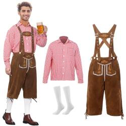 Suffolly Trachten Lederhose Herren Kurz mit Passenden Trägern,3 Teilig,Trachten Set Herren mit Kurze Lederhose,Hosenträger,Trachtenhemd,Socken Trachtenset für Oktoberfest Rot, M von Suffolly